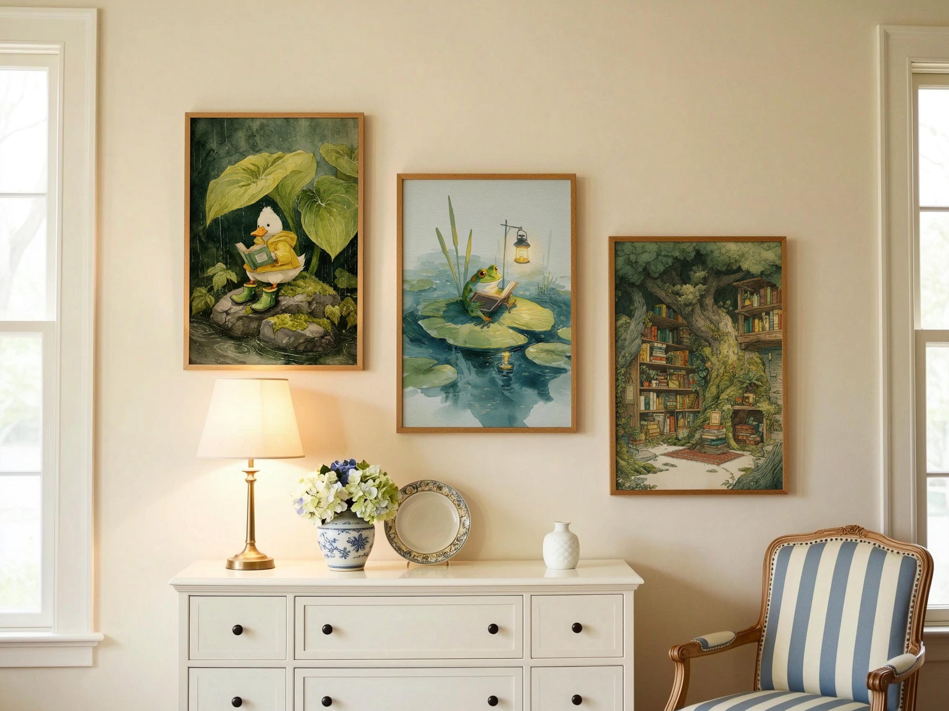 Frog Reading on Lily Pad Print | Cozy Wall Decor | Cute Gift For Book Lover | Book Nook Poster | Book Art | Aesthetic Room Art | Home Decor - Book Poster Art Print Decor Bookish