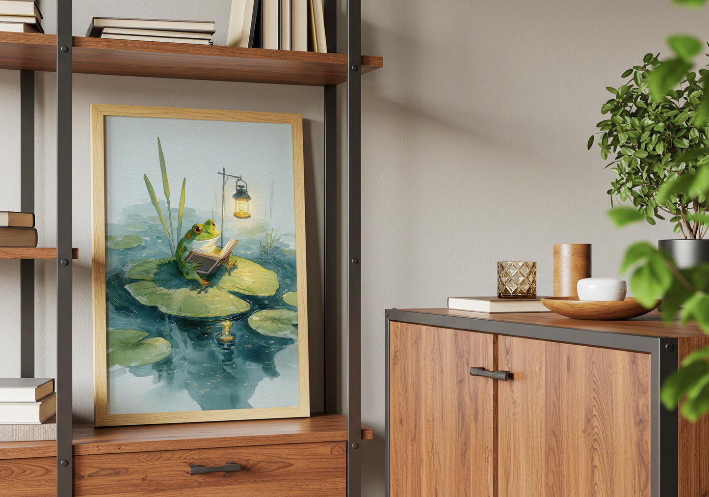 Frog Reading on Lily Pad Print | Cozy Wall Decor | Cute Gift For Book Lover | Book Nook Poster | Book Art | Aesthetic Room Art | Home Decor - Book Poster Art Print Decor Bookish