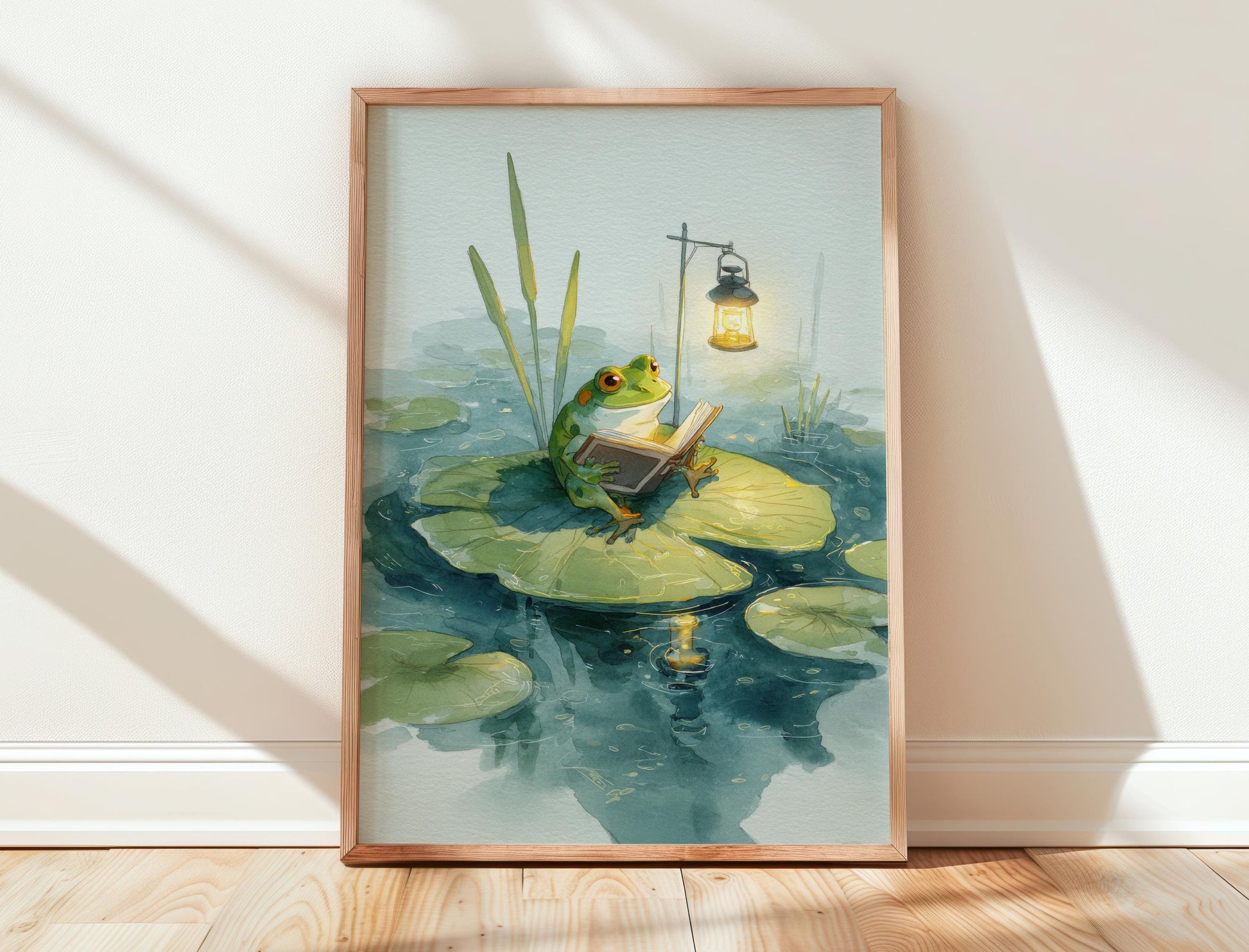 Frog Reading on Lily Pad Print | Cozy Wall Decor | Cute Gift For Book Lover | Book Nook Poster | Book Art | Aesthetic Room Art | Home Decor - Book Poster Art Print Decor Bookish