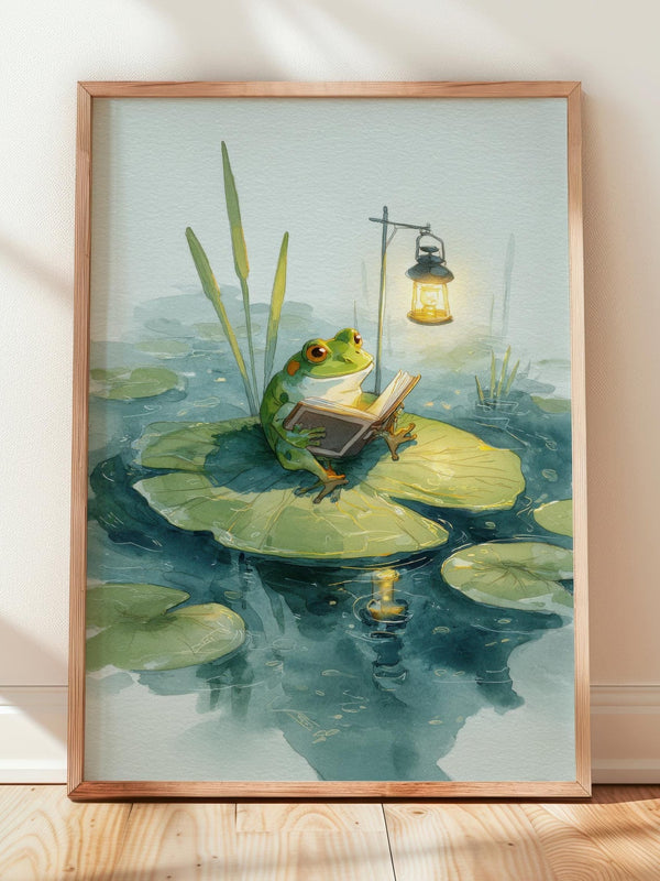 Frog Reading on Lily Pad Print | Cozy Wall Decor | Cute Gift For Book Lover | Book Nook Poster | Book Art | Aesthetic Room Art | Home Decor - Book Poster Art Print Decor Bookish