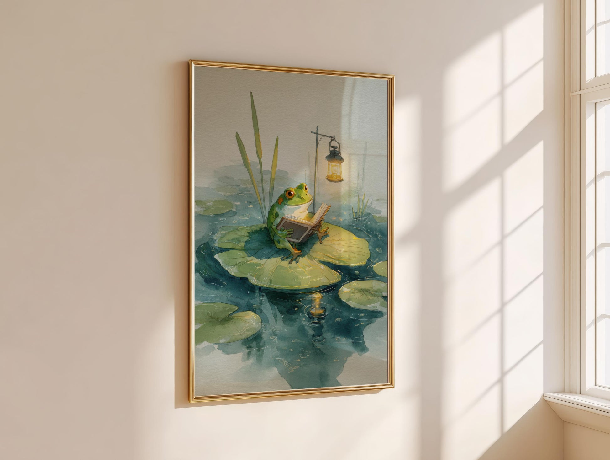 Frog Reading on Lily Pad Print | Cozy Wall Decor | Cute Gift For Book Lover | Book Nook Poster | Book Art | Aesthetic Room Art | Home Decor - Book Poster Art Print Decor Bookish