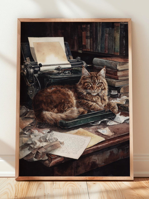 Maine Coon Cat Typewriter Print | Cozy Wall Decor | Cute Gift For Book Lover | Book Nook Poster | Book Art | Aesthetic Room Art | Home Decor - Book Poster Art Print Decor Bookish