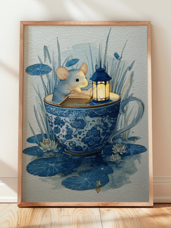 Mouse in Teacup Reading Print | Cozy Wall Decor | Cute Gift For Book Lover | Book Nook Poster | Book Art | Aesthetic Room Art | Home Decor - Book Poster Art Print Decor Bookish