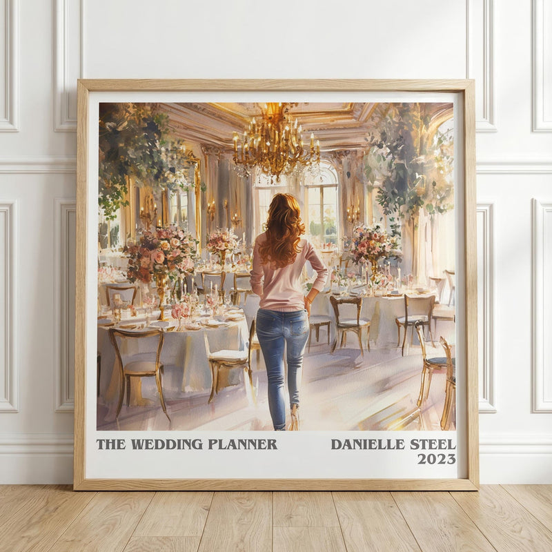 The Wedding Planner literary print in frame leaning in hallway – romance wall art