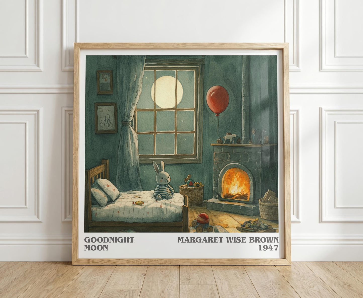 Good Night Moon literary print in frame leaning in hallway – childrens wall art