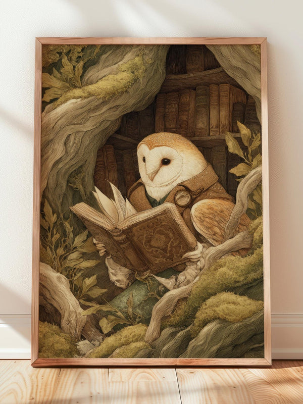 Barn Owl in Tree Print | Cozy Wall Decor | Cute Gift For Book Lover | Book Nook Poster | Book Art | Aesthetic Room Art | Reader Home Decor - Book Poster Art Print Decor Bookish