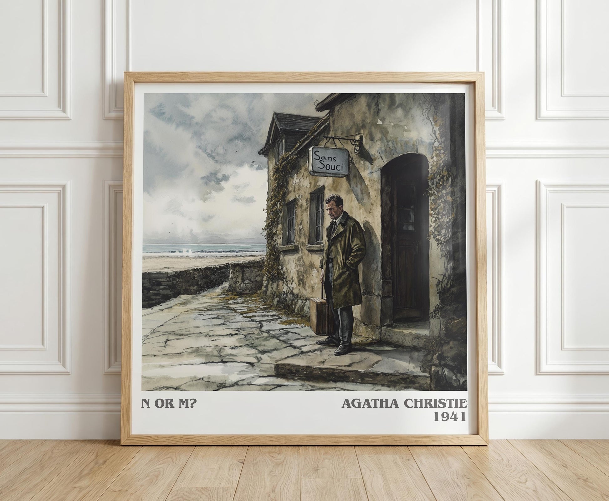 N Or M? literary print in frame leaning in hallway – mystery wall art