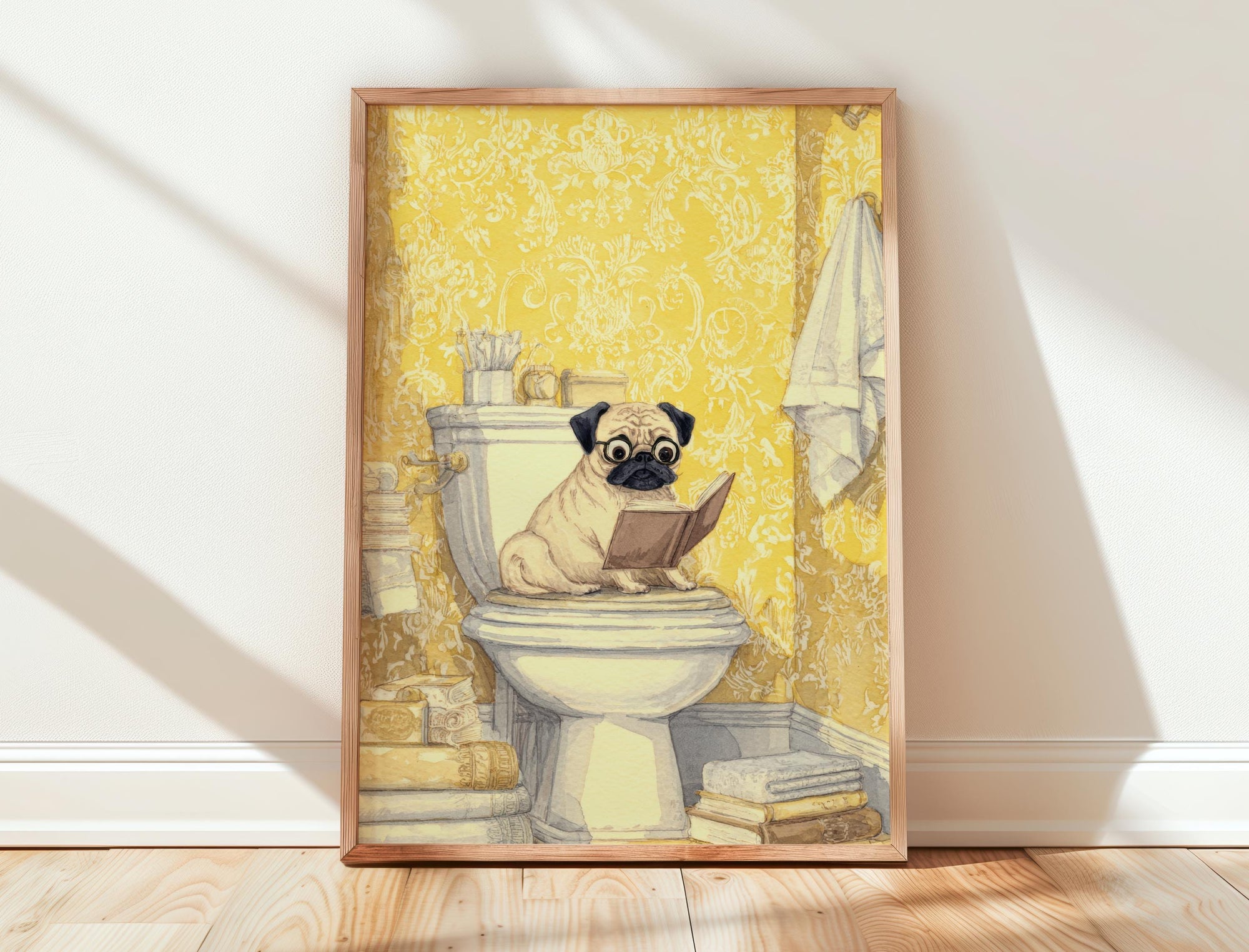 Pug Reading on Toilet Print | Cozy Wall Decor | Cute Gift For Book Lover | Book Nook Poster | Book Art | Aesthetic Room Art | Home Decor - Book Poster Art Print Decor Bookish