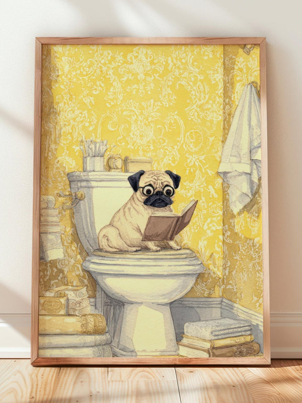 Pug Reading on Toilet Print | Cozy Wall Decor | Cute Gift For Book Lover | Book Nook Poster | Book Art | Aesthetic Room Art | Home Decor - Book Poster Art Print Decor Bookish