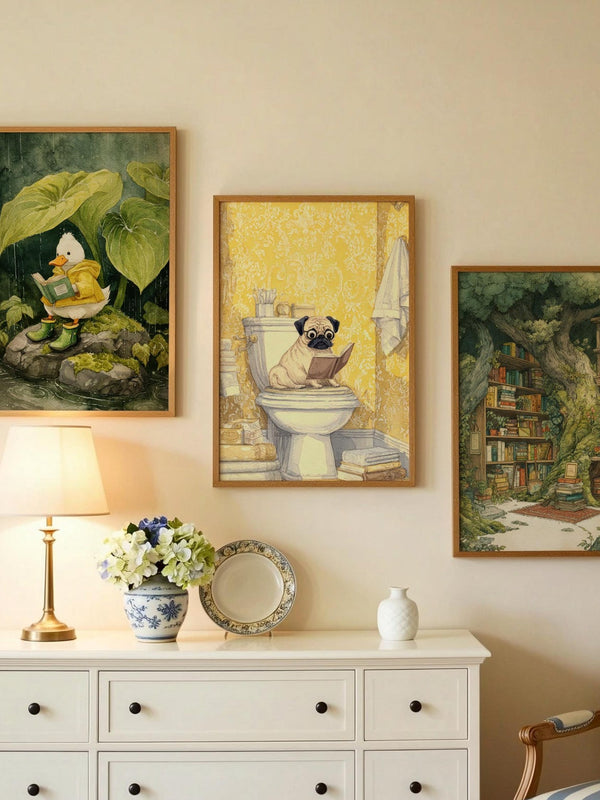 Pug Reading on Toilet Print | Cozy Wall Decor | Cute Gift For Book Lover | Book Nook Poster | Book Art | Aesthetic Room Art | Home Decor - Book Poster Art Print Decor Bookish