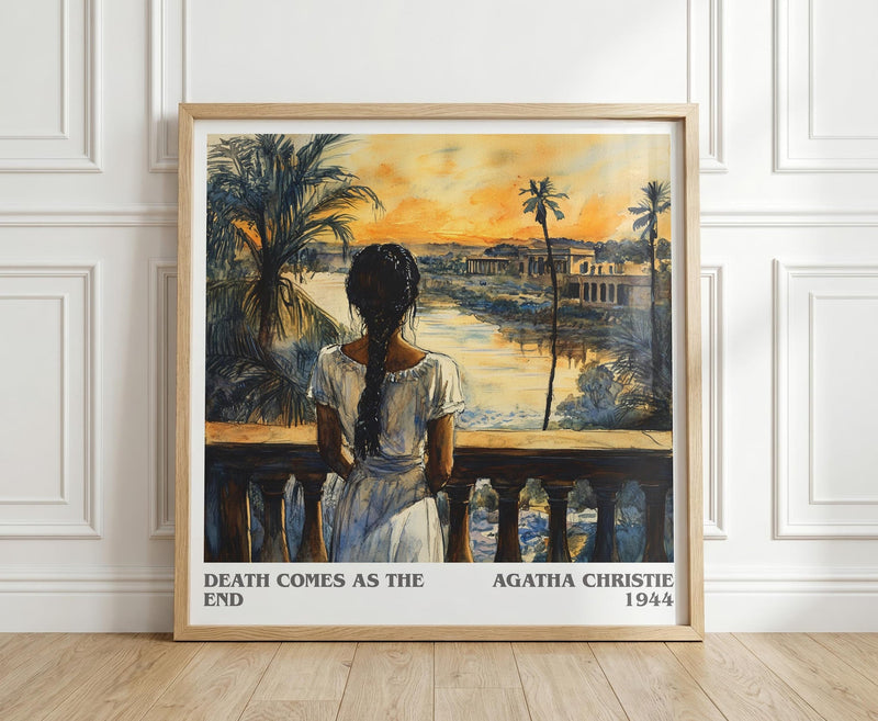 Death Comes as the End literary print in frame leaning in hallway – mystery wall art