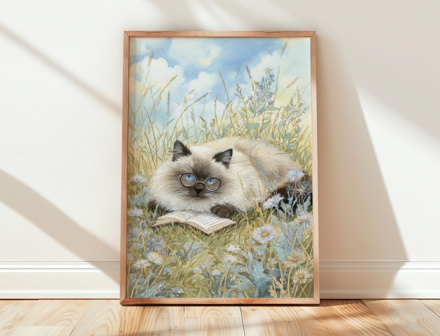 Cat Reading in Daisy Field Print | Cozy Wall Decor | Gift For Book Lover | Book Nook Poster | Book Art | Aesthetic Room Art | Home Decor - Book Poster Art Print Decor Bookish