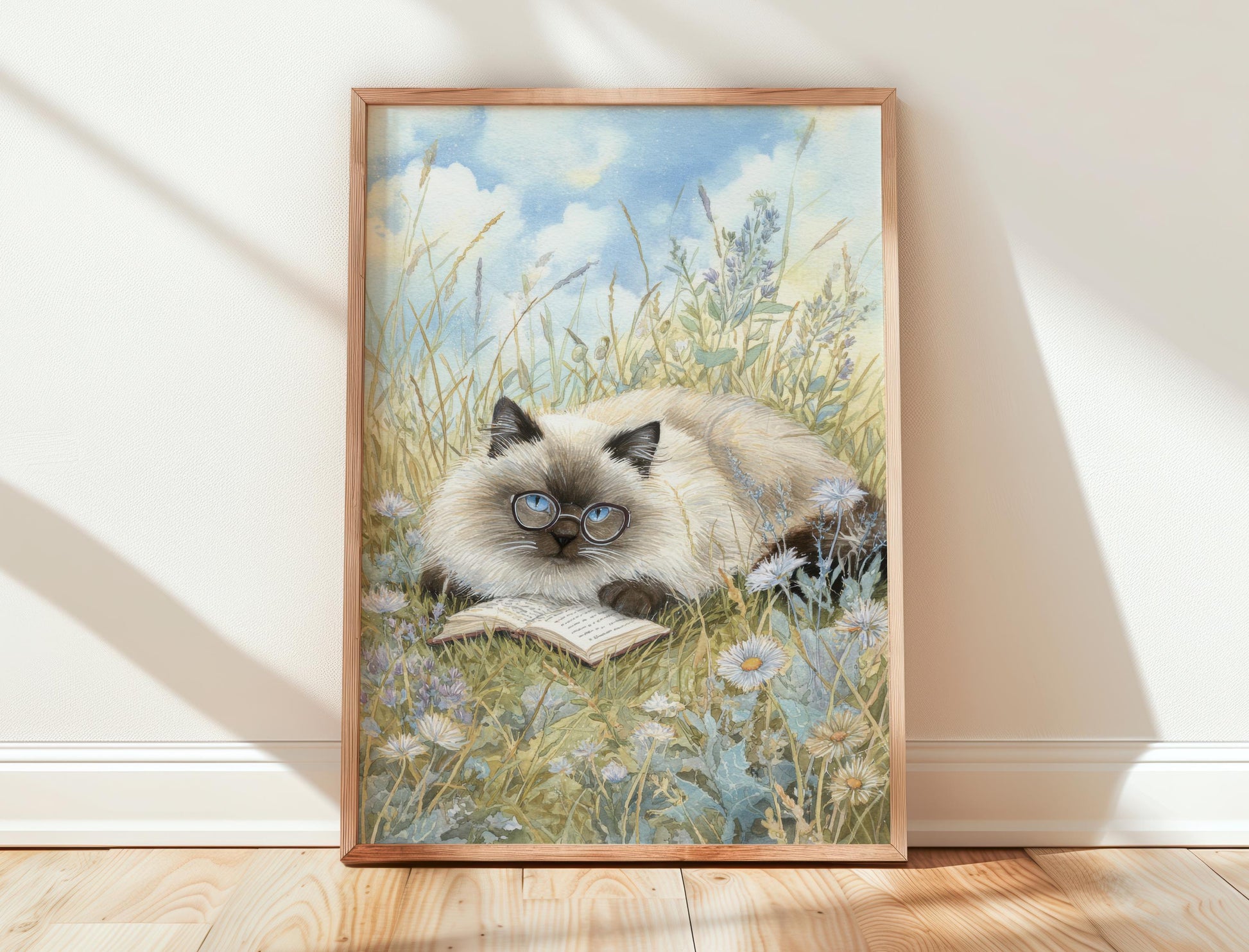 Cat Reading in Daisy Field Print | Cozy Wall Decor | Gift For Book Lover | Book Nook Poster | Book Art | Aesthetic Room Art | Home Decor - Book Poster Art Print Decor Bookish