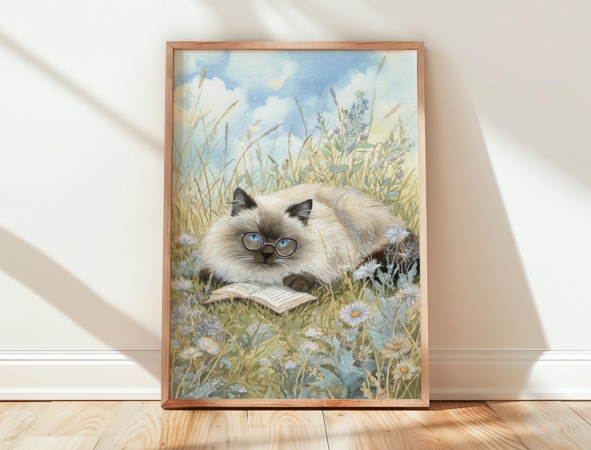 Cat Reading in Daisy Field Print | Cozy Wall Decor | Gift For Book Lover | Book Nook Poster | Book Art | Aesthetic Room Art | Home Decor - Book Poster Art Print Decor Bookish