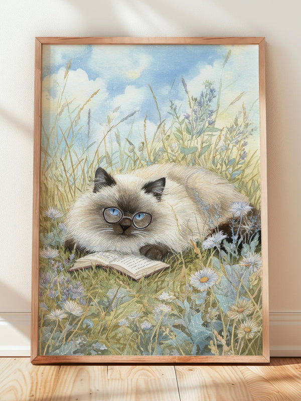 Cat Reading in Daisy Field Print | Cozy Wall Decor | Gift For Book Lover | Book Nook Poster | Book Art | Aesthetic Room Art | Home Decor - Book Poster Art Print Decor Bookish