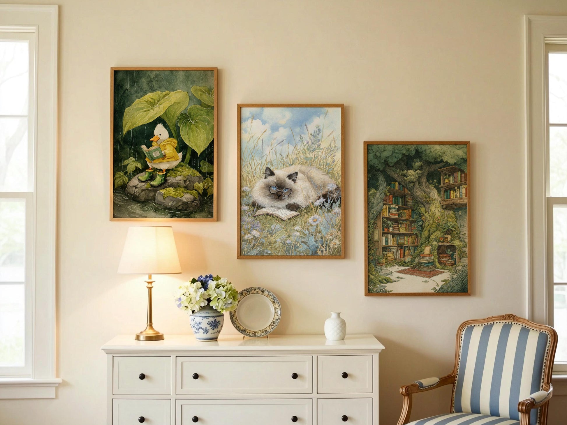 Cat Reading in Daisy Field Print | Cozy Wall Decor | Gift For Book Lover | Book Nook Poster | Book Art | Aesthetic Room Art | Home Decor - Book Poster Art Print Decor Bookish