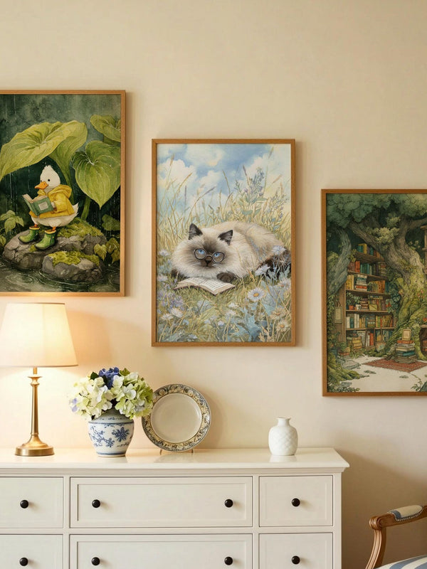 Cat Reading in Daisy Field Print | Cozy Wall Decor | Gift For Book Lover | Book Nook Poster | Book Art | Aesthetic Room Art | Home Decor - Book Poster Art Print Decor Bookish