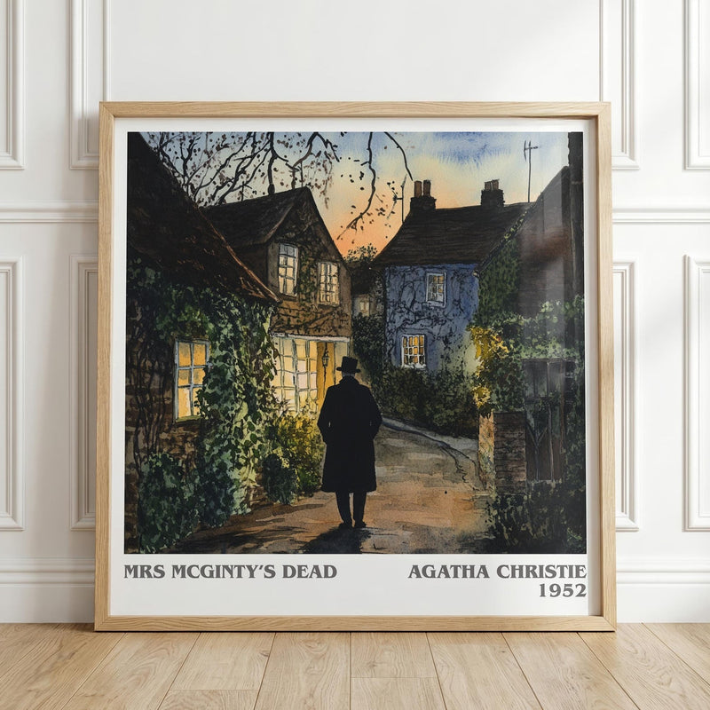 Mrs McGinty's Dead literary print in frame leaning in hallway – mystery wall art