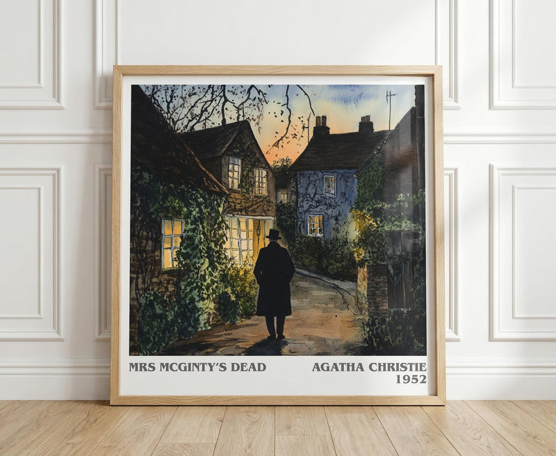 Mrs McGinty's Dead literary print in frame leaning in hallway – mystery wall art