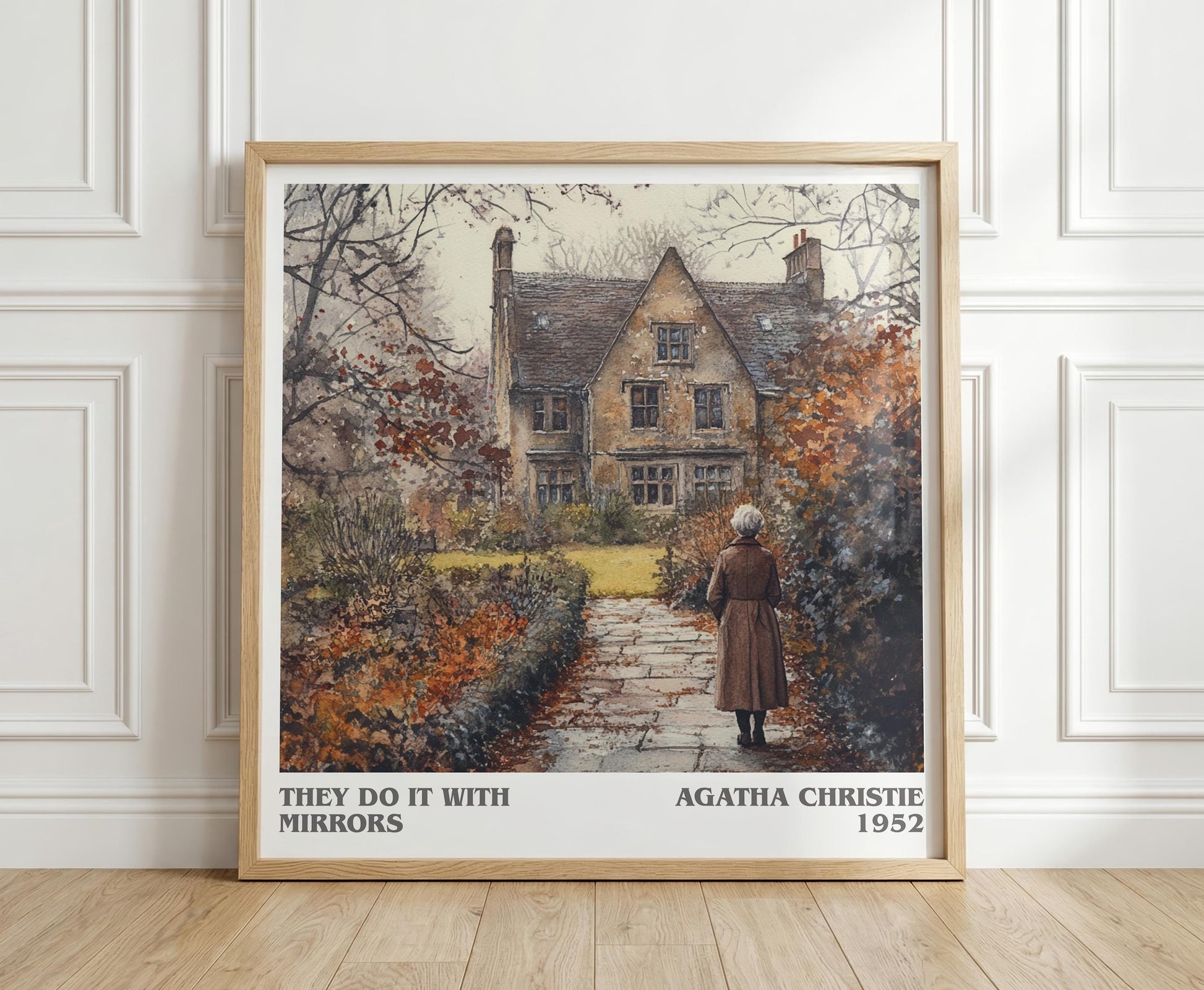 They Do It with Mirrors literary print in frame leaning in hallway – mystery wall art
