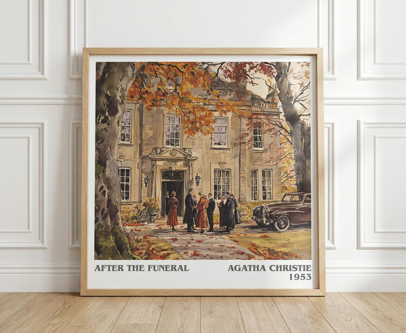 After the Funeral literary print in frame leaning in hallway – mystery wall art