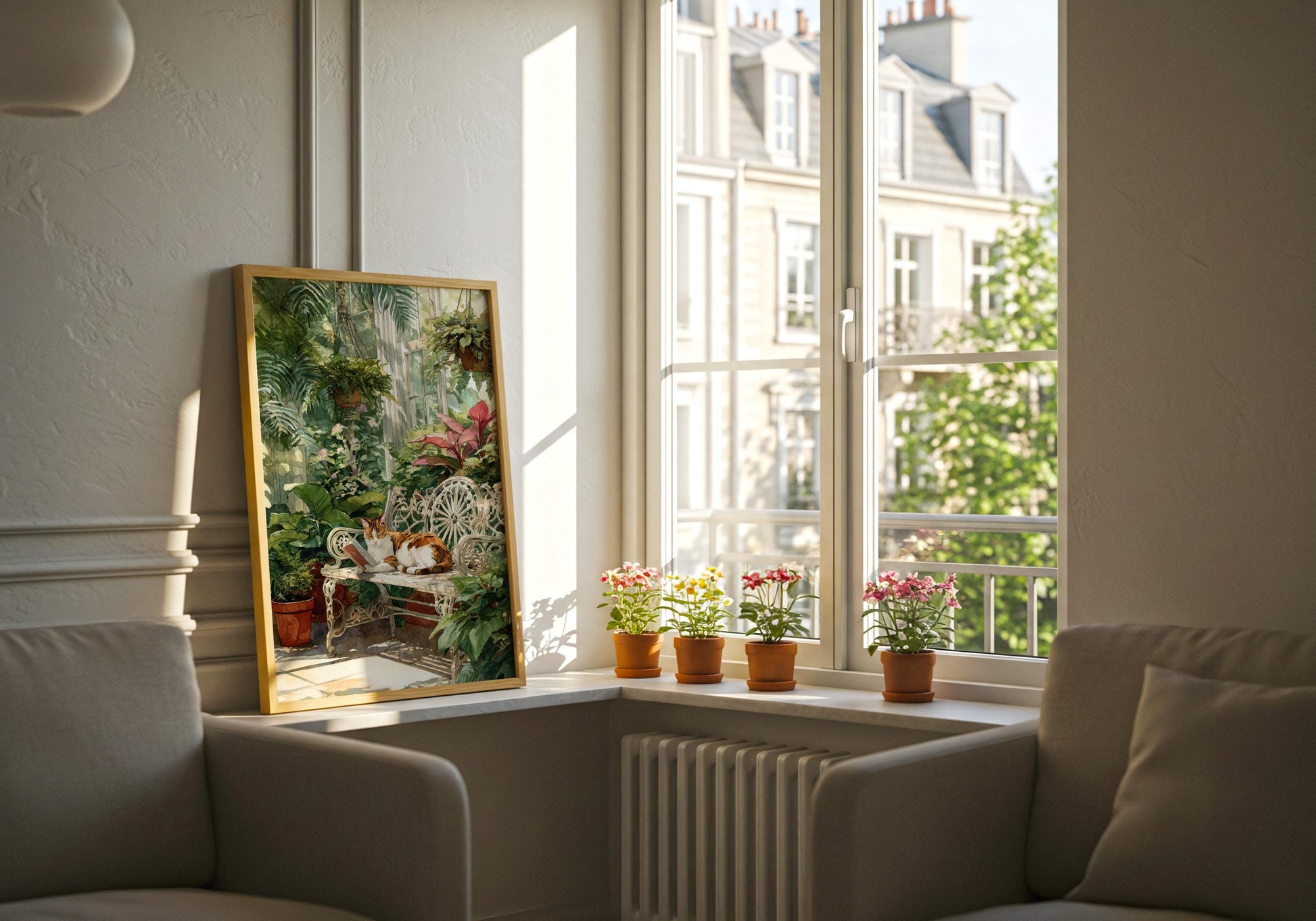 Calico Cat in Conservatory Garden Print | Cozy Wall Decor | Book Lover Gift | Book Nook Poster | Book Art | Aesthetic Room Art | Home Decor - Book Poster Art Print Decor Bookish
