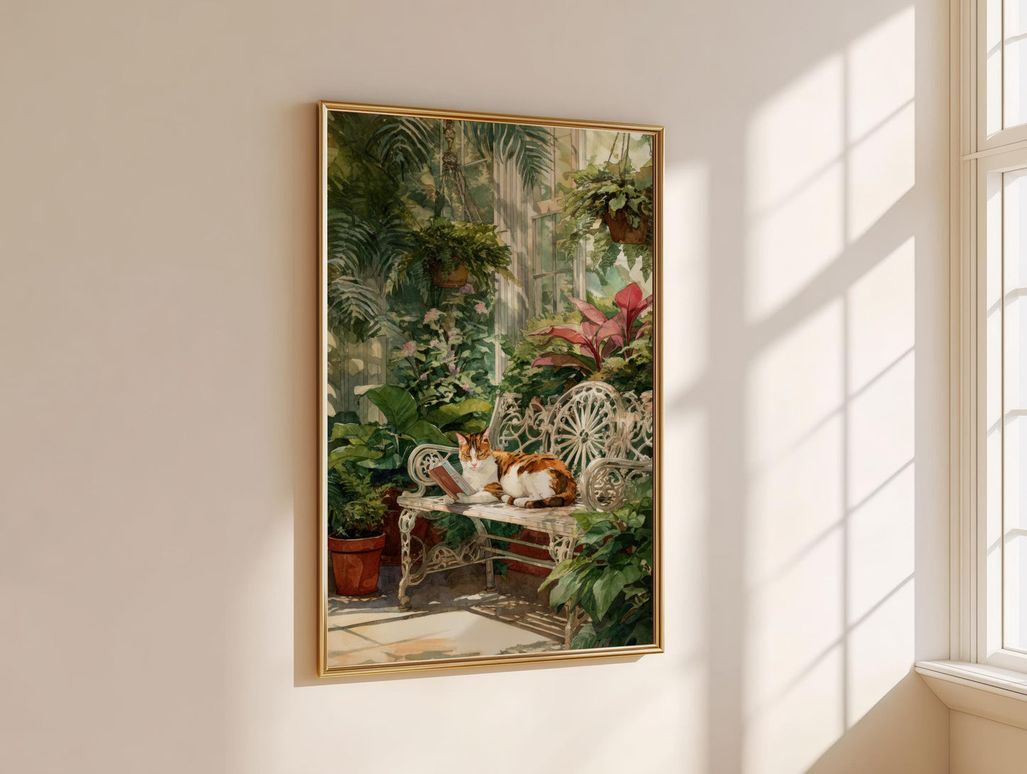 Calico Cat in Conservatory Garden Print | Cozy Wall Decor | Book Lover Gift | Book Nook Poster | Book Art | Aesthetic Room Art | Home Decor - Book Poster Art Print Decor Bookish