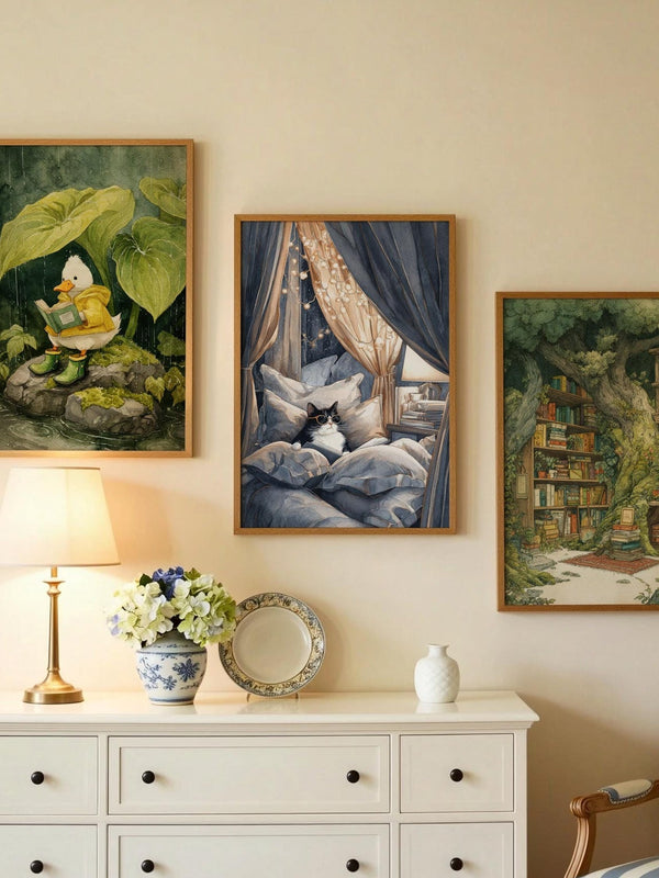 Tuxedo Cat in Cozy Bed Fort Print | Cozy Wall Decor | Book Lover Gift | Book Nook Poster | Book Art | Aesthetic Room Art | Reader Home Decor - Book Poster Art Print Decor Bookish