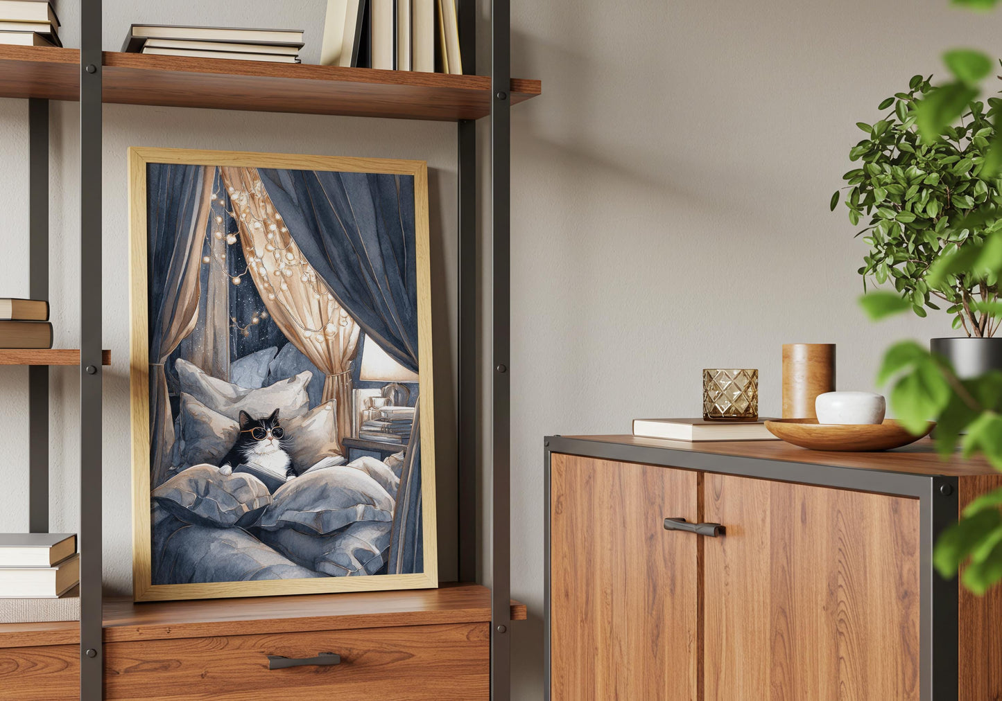 Tuxedo Cat in Cozy Bed Fort Print | Cozy Wall Decor | Book Lover Gift | Book Nook Poster | Book Art | Aesthetic Room Art | Reader Home Decor - Book Poster Art Print Decor Bookish