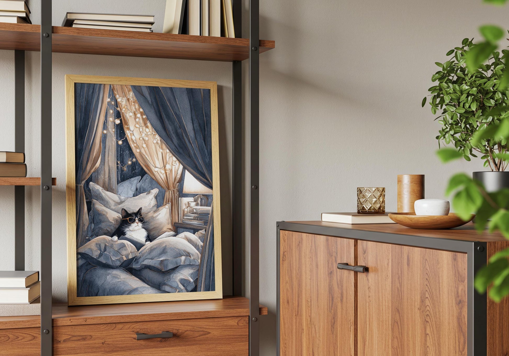 Tuxedo Cat in Cozy Bed Fort Print | Cozy Wall Decor | Book Lover Gift | Book Nook Poster | Book Art | Aesthetic Room Art | Reader Home Decor - Book Poster Art Print Decor Bookish