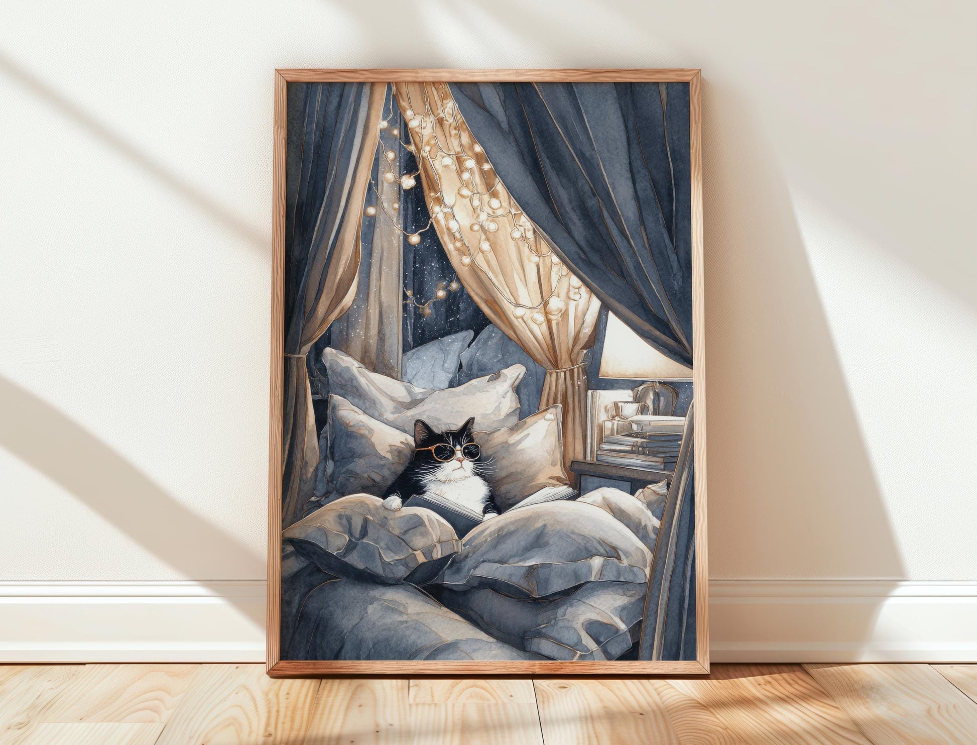 Tuxedo Cat in Cozy Bed Fort Print | Cozy Wall Decor | Book Lover Gift | Book Nook Poster | Book Art | Aesthetic Room Art | Reader Home Decor - Book Poster Art Print Decor Bookish