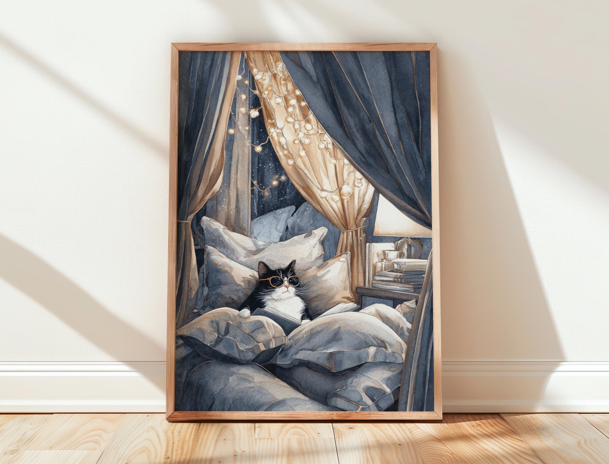 Tuxedo Cat in Cozy Bed Fort Print | Cozy Wall Decor | Book Lover Gift | Book Nook Poster | Book Art | Aesthetic Room Art | Reader Home Decor - Book Poster Art Print Decor Bookish