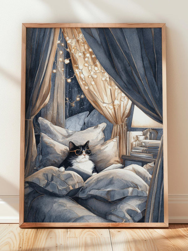 Tuxedo Cat in Cozy Bed Fort Print | Cozy Wall Decor | Book Lover Gift | Book Nook Poster | Book Art | Aesthetic Room Art | Reader Home Decor - Book Poster Art Print Decor Bookish