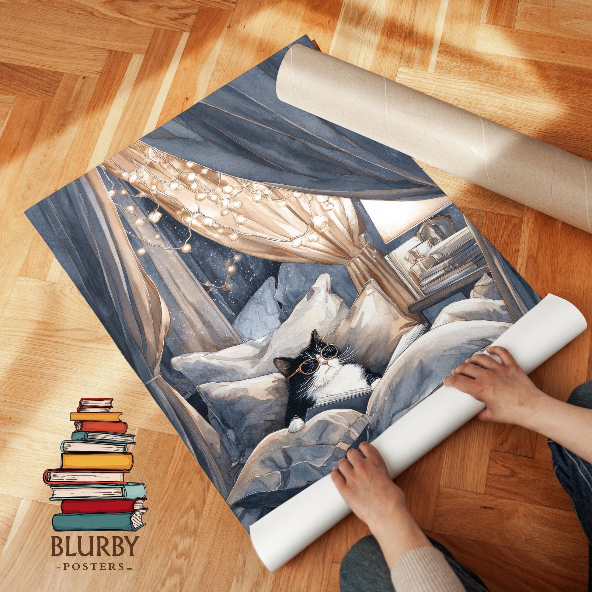 Tuxedo Cat in Cozy Bed Fort Print | Cozy Wall Decor | Book Lover Gift | Book Nook Poster | Book Art | Aesthetic Room Art | Reader Home Decor - Book Poster Art Print Decor Bookish