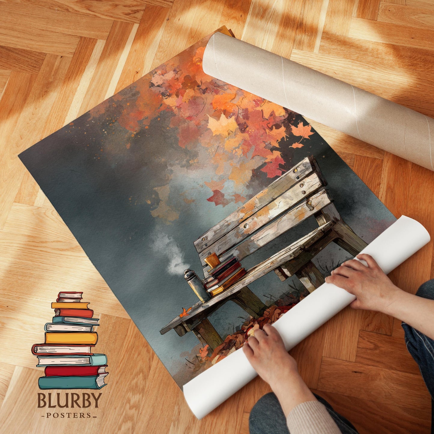 Autumn Park Bench Library Print | Cozy Wall Decor | Book Lover Gift | Book Nook Poster | Book Art | Aesthetic Room Art | Reader Home Decor - Book Poster Art Print Decor Bookish