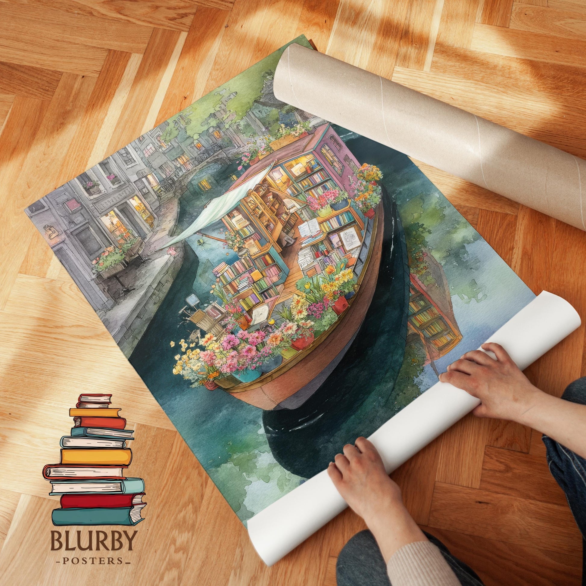 Pink Canal Boat Bookshop Print | Cozy Wall Decor | Book Lover Gift | Book Nook Poster | Book Art | Aesthetic Room Art | Home Decor - Book Poster Art Print Decor Bookish