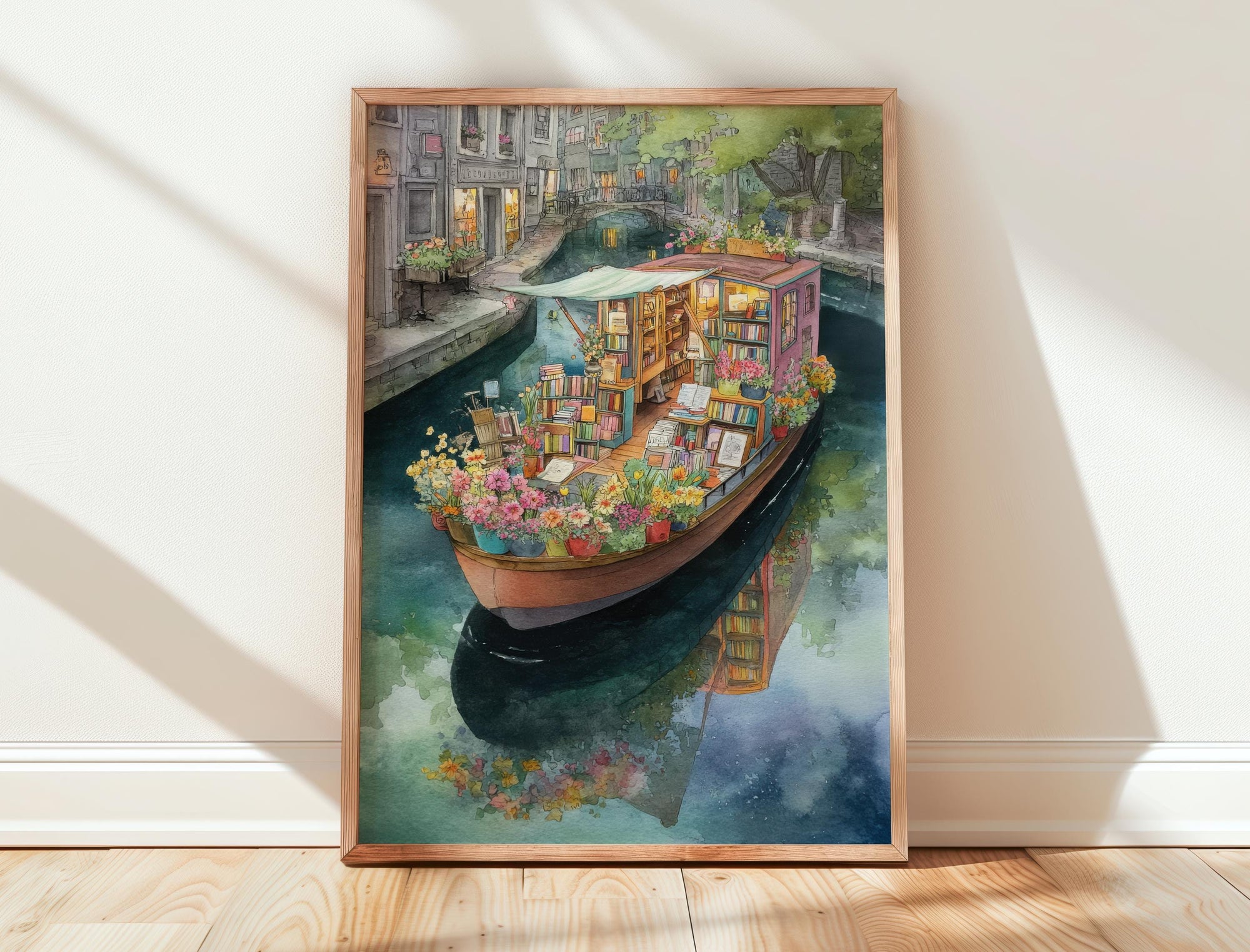 Pink Canal Boat Bookshop Print | Cozy Wall Decor | Book Lover Gift | Book Nook Poster | Book Art | Aesthetic Room Art | Home Decor - Book Poster Art Print Decor Bookish