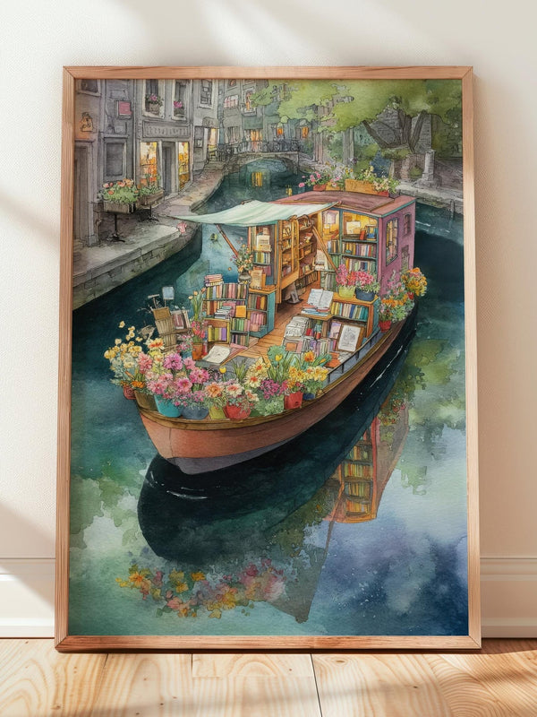 Pink Canal Boat Bookshop Print | Cozy Wall Decor | Book Lover Gift | Book Nook Poster | Book Art | Aesthetic Room Art | Home Decor - Book Poster Art Print Decor Bookish