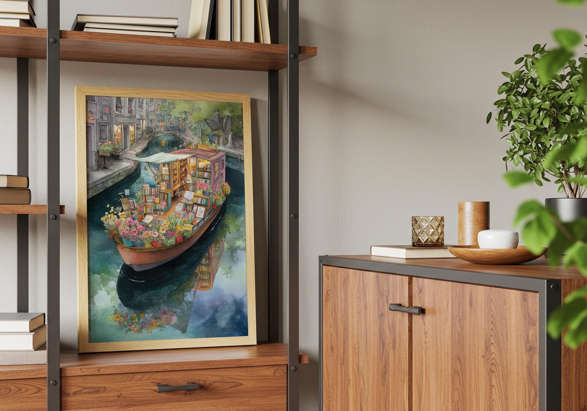 Pink Canal Boat Bookshop Print | Cozy Wall Decor | Book Lover Gift | Book Nook Poster | Book Art | Aesthetic Room Art | Home Decor - Book Poster Art Print Decor Bookish