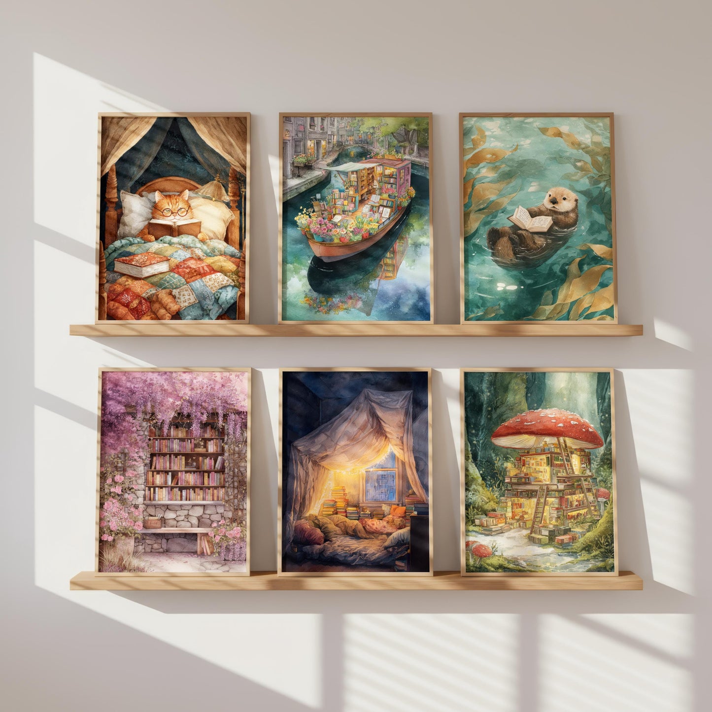 Pink Canal Boat Bookshop Print | Cozy Wall Decor | Book Lover Gift | Book Nook Poster | Book Art | Aesthetic Room Art | Home Decor - Book Poster Art Print Decor Bookish