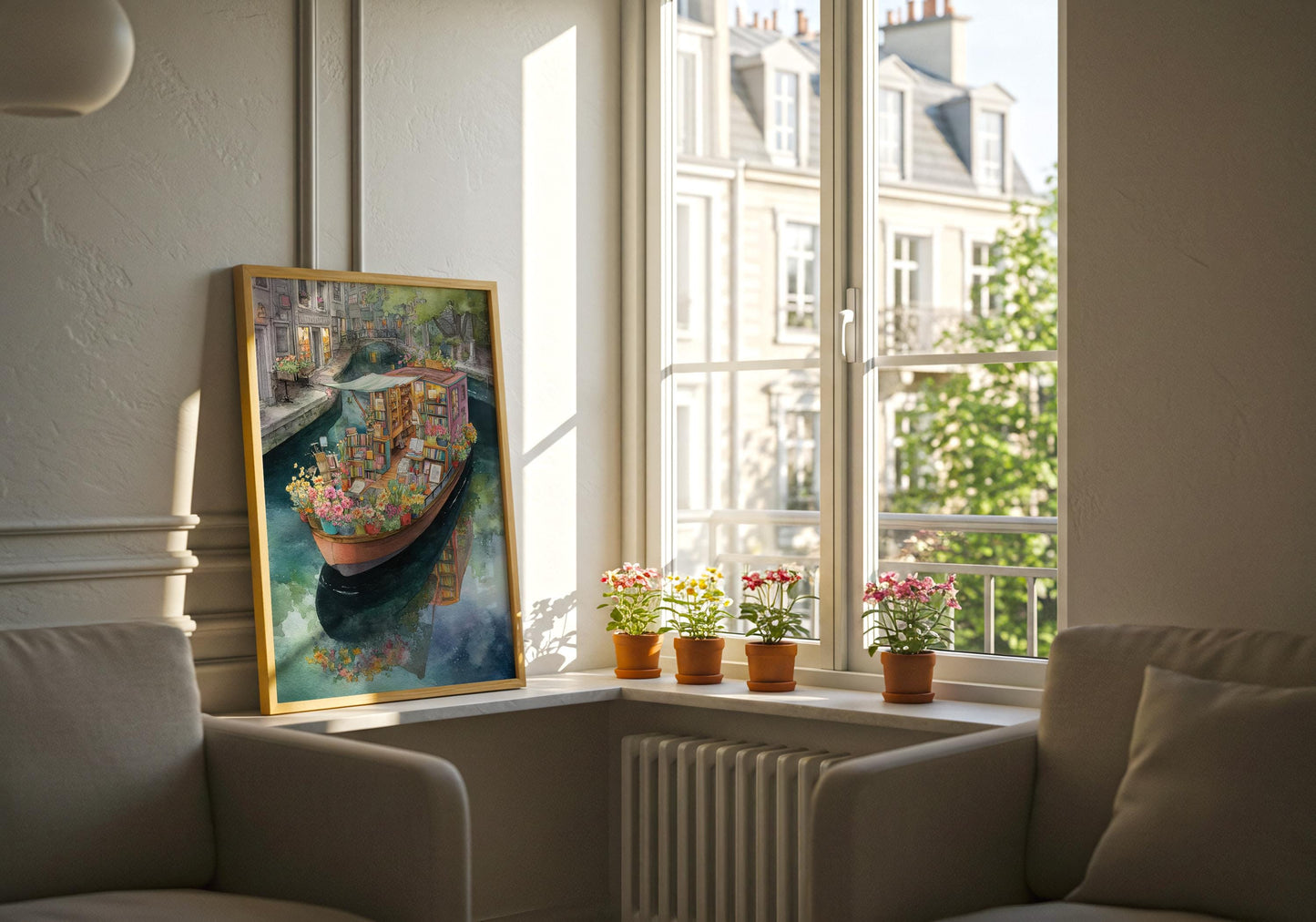 Pink Canal Boat Bookshop Print | Cozy Wall Decor | Book Lover Gift | Book Nook Poster | Book Art | Aesthetic Room Art | Home Decor - Book Poster Art Print Decor Bookish