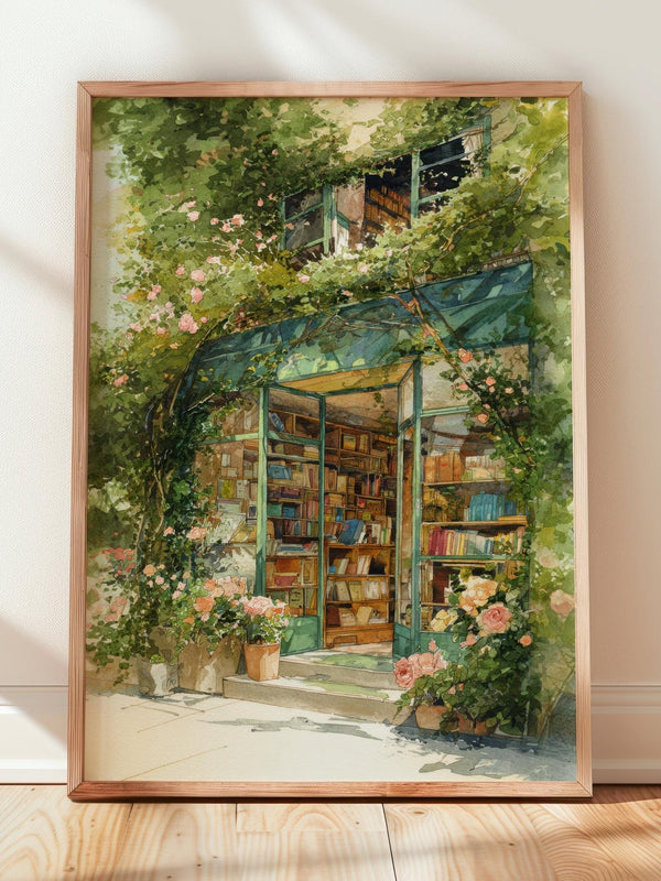 Rose Covered Floral Bookshop Print | Cozy Wall Decor | Book Lover Gift | Book Nook Poster | Book Art | Aesthetic Room Art | Home Decor - Book Poster Art Print Decor Bookish