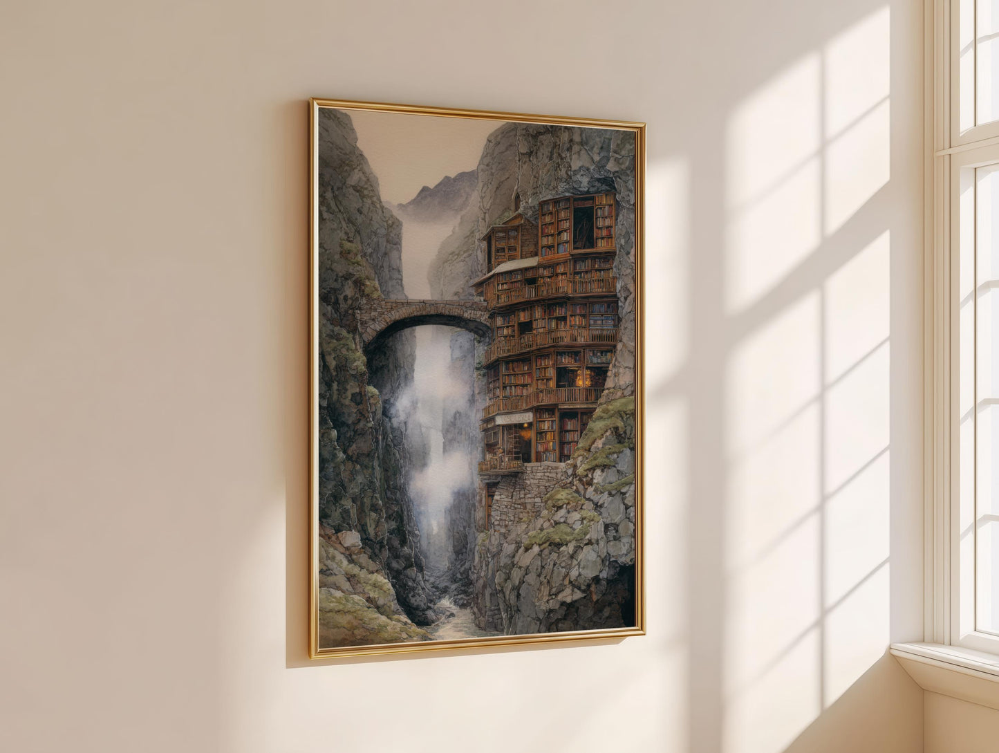 Fantasy Mountain Cliff Library Print | Cozy Wall Decor | Book Lover Gift | Book Nook Poster | Book Art | Aesthetic Room Art | Home Decor - Book Poster Art Print Decor Bookish