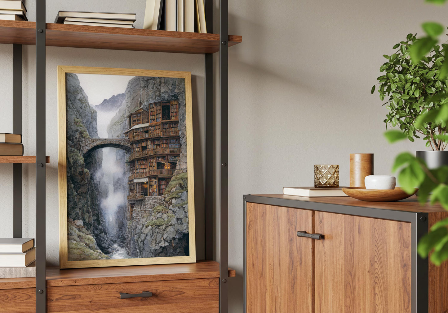 Fantasy Mountain Cliff Library Print | Cozy Wall Decor | Book Lover Gift | Book Nook Poster | Book Art | Aesthetic Room Art | Home Decor - Book Poster Art Print Decor Bookish