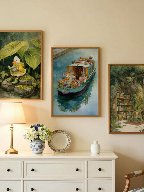 Teal Floating Garden Book Boat Print | Cozy Wall Decor | Book Lover Gift | Book Nook Poster | Book Art | Aesthetic Room Art | Home Decor - Book Poster Art Print Decor Bookish