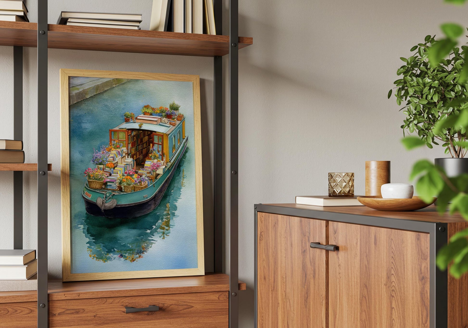 Teal Floating Garden Book Boat Print | Cozy Wall Decor | Book Lover Gift | Book Nook Poster | Book Art | Aesthetic Room Art | Home Decor - Book Poster Art Print Decor Bookish