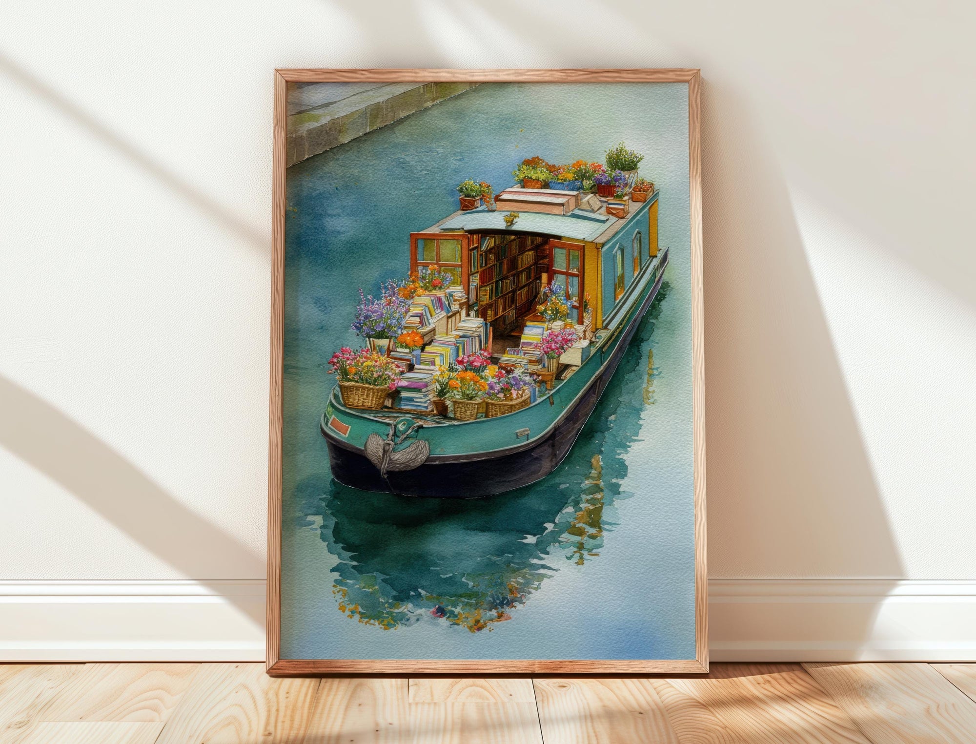 Teal Floating Garden Book Boat Print | Cozy Wall Decor | Book Lover Gift | Book Nook Poster | Book Art | Aesthetic Room Art | Home Decor - Book Poster Art Print Decor Bookish