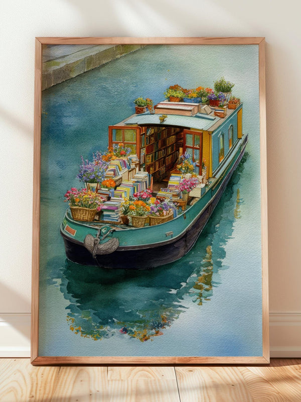 Teal Floating Garden Book Boat Print | Cozy Wall Decor | Book Lover Gift | Book Nook Poster | Book Art | Aesthetic Room Art | Home Decor - Book Poster Art Print Decor Bookish