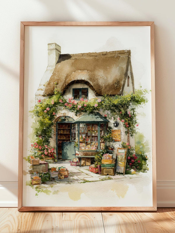 Thatched Roof Cottage Bookshop Print | Cozy Wall Decor | Book Lover Gift | Book Nook Poster | Book Art | Aesthetic Room Art | Home Decor - Book Poster Art Print Decor Bookish