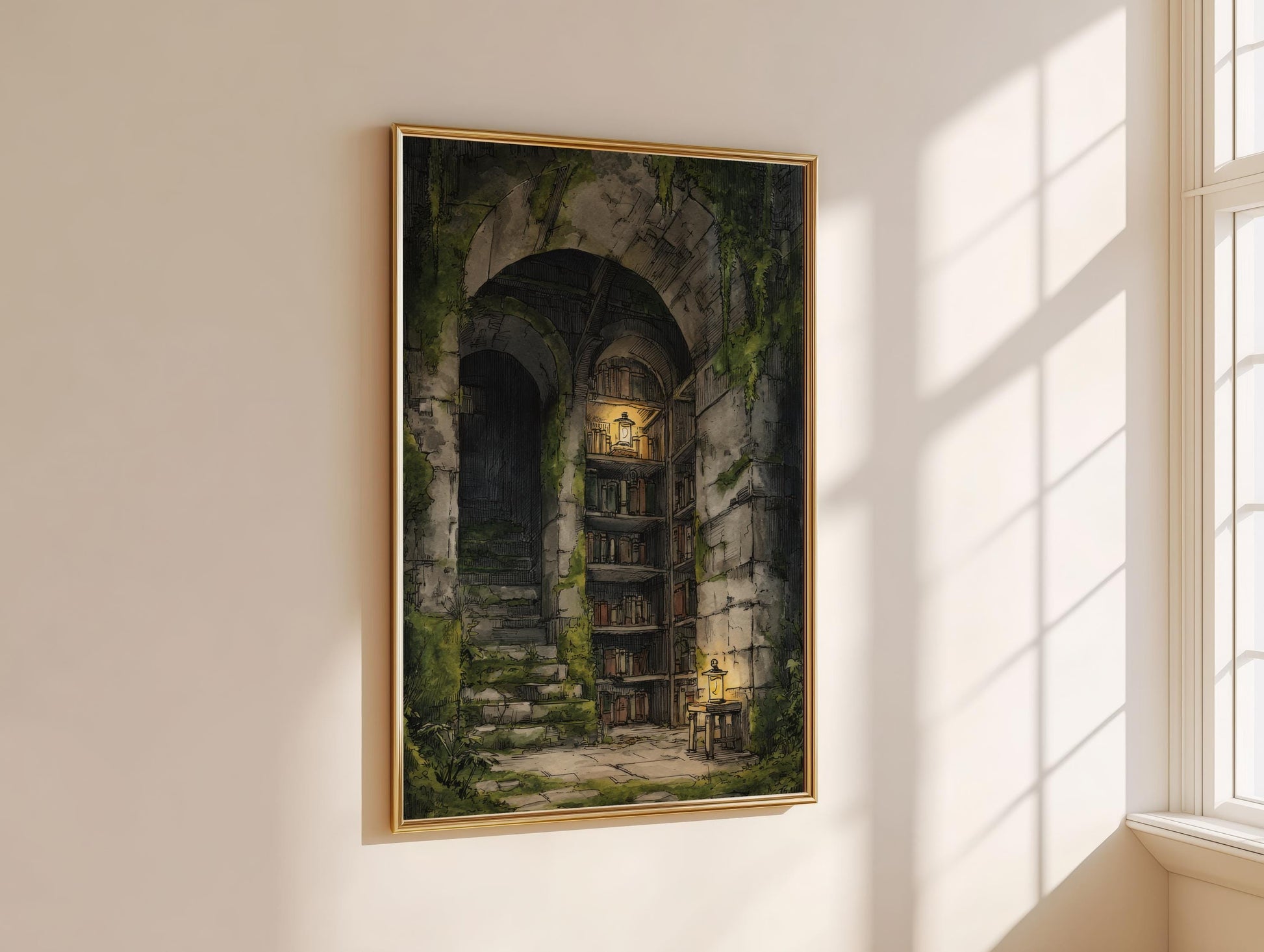 Dark Academia Hidden Stone Library Print | Cozy Wall Decor | Book Lover Gift | Book Nook Poster | Book Art | Aesthetic Room Art | Home Decor - Book Poster Art Print Decor Bookish